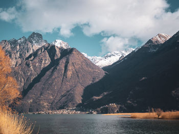 Scenic view of snowcapped mountains by lake against sky