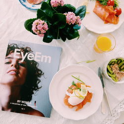 Close-up overhead view of breakfast on table