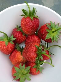 High angle view of strawberries on table