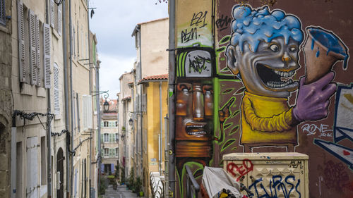 Graffiti on wall by street against sky in city