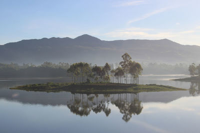 Scenic view of lake by trees against sky