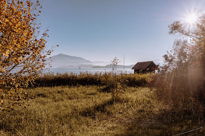 Scenic view of field against clear sky at zugersee 