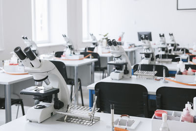 Microscopes in a science lab classroom