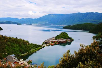 High angle view of lake against cloudy sky