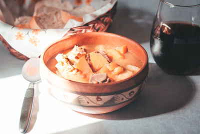 High angle view of ice cream in bowl on table