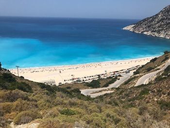 High angle view of beach against blue sky