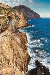 Scenic view of rocky coastline and sea against sky