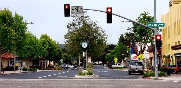 Illuminated stoplight on road against trees