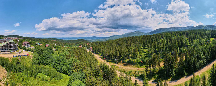 Aerial view of mountains with open cable cars lift, karpacz, poland