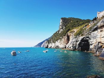 Scenic view of sea by cliffs against blue sky