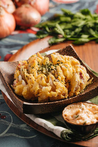 High angle view of breakfast on table