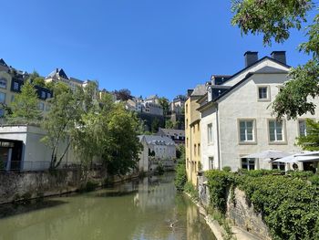 Buildings by river in town against clear blue sky