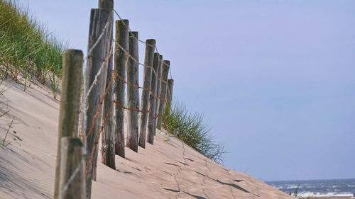 Low angle view of fence against clear sky