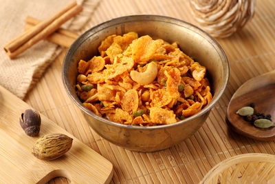 High angle view of food in bowl on table