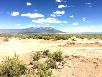 Scenic view of desert against blue sky