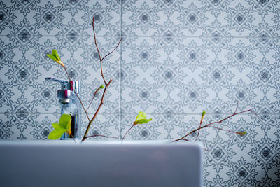 Flower vase on table at home