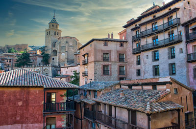 Traditional architecture in the village of albarracin, teruel and el salvador cathedral bell tower