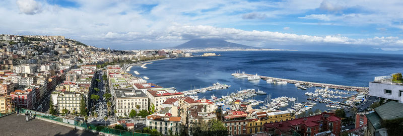 Aerial view of napoli and his gulf with vesuvius in background