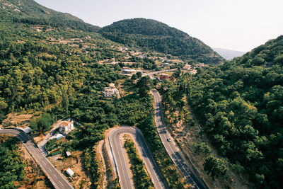 High angle view of road amidst mountains