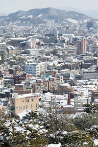 High angle view of cityscape during winter