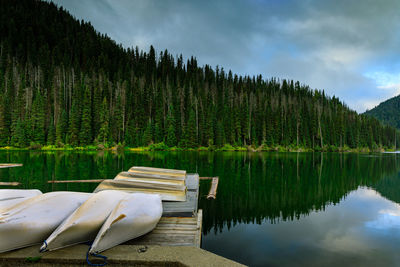 Canoe and boat area on lake in early morning	