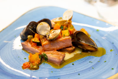 Close-up of food served in plate