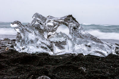 Close-up of ice on beach against sky