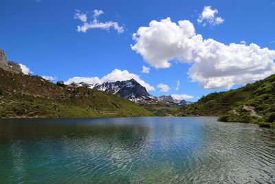 Scenic view of lake and mountain against cloudy sky