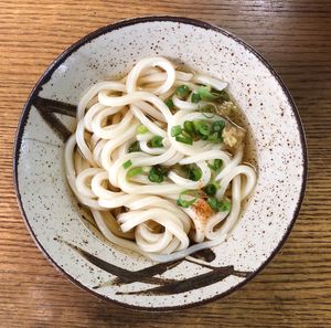 High angle view of pasta in plate on table