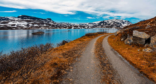 Scenic view of snowcapped mountains against sky during winter