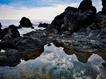 Rocks on sea shore against sky