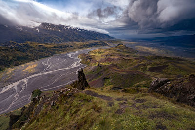 Dramatic clouds coming to the valley of thorsmork, southern iceland. view from valahnukur hill.