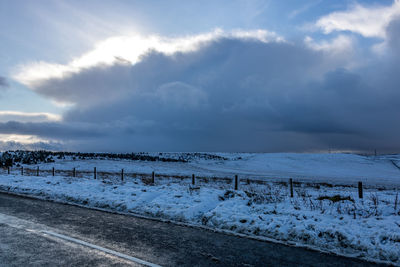 Snow covered land against sky