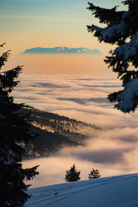 Scenic view of snow covered mountains against sky at sunset