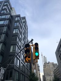 New york. low angle view of road signal against buildings in city