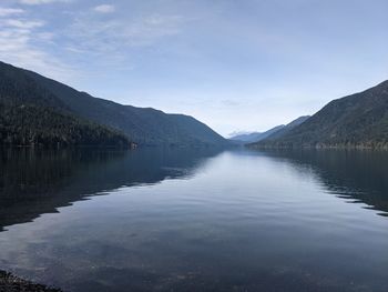 Scenic view of lake by mountains against sky