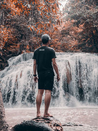 Rear view of man standing by waterfall in forest