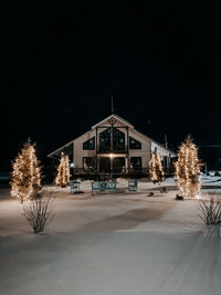 Snow covered trees by illuminated building against sky at night