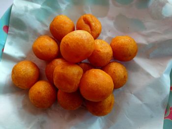 High angle view of oranges snack on table
