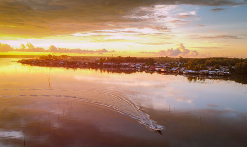 Scenic view of lake against sky during sunset