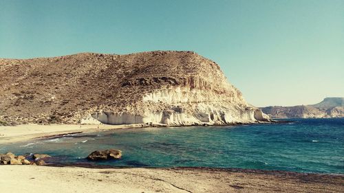 Scenic view of sea against clear blue sky
