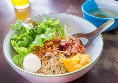 High angle view of meal served in bowl on table