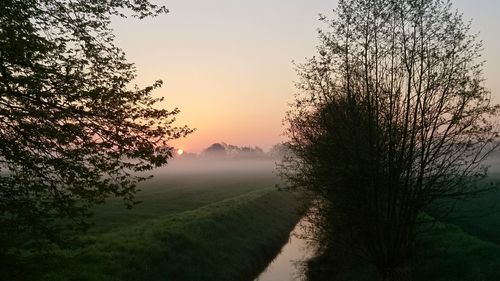 Scenic view of landscape against clear sky during sunset