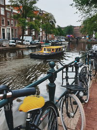 Bicycle by canal in city