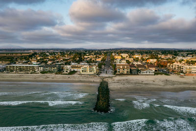 City of imperial beach in san diego, california with pretty sunset clouds, aerial photo.