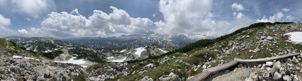 Panoramic view of snowcapped mountains against sky