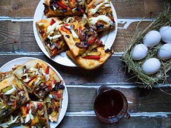 High angle view of food in plate on table