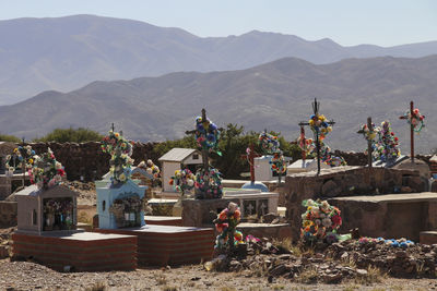 Flowers decorated on cross over graves in cemetery against mountain range