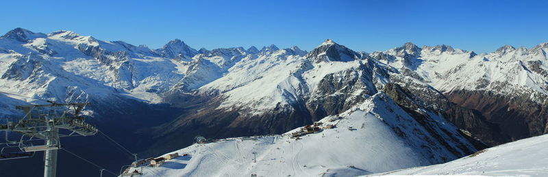 Panoramic view of snowcapped mountains against clear sky