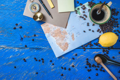 High angle view of coffee on table